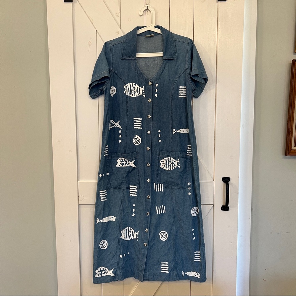 Vintage Denim Fish Print Button-Down Dress